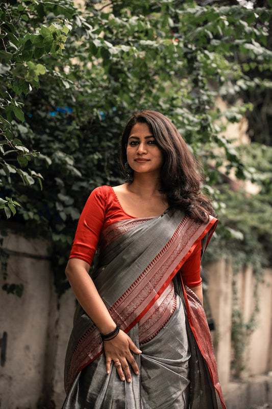 Grey Tissue Cotton Saree With Border
