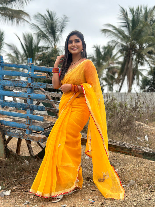 Yellow Cotton Kota Doriya with Kaccha Gotapatti work Saree