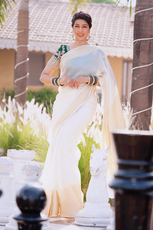 Cream Benarasi Katan Warm Silk Saree