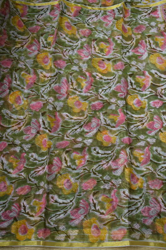 Green Bagru Printed Chiffon Saree