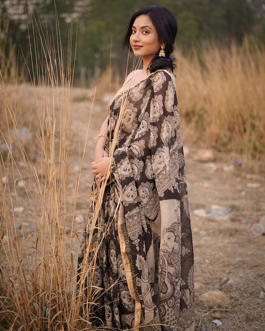 Black Cotton Kota Doriya Kalamkari Saree