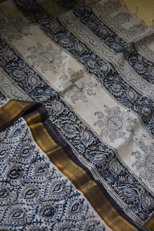 White Kalamkari Chennuri Silk Saree with Nizam Border