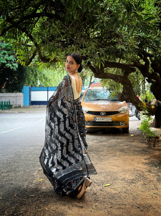Black Silk Cotton Jamdani Saree