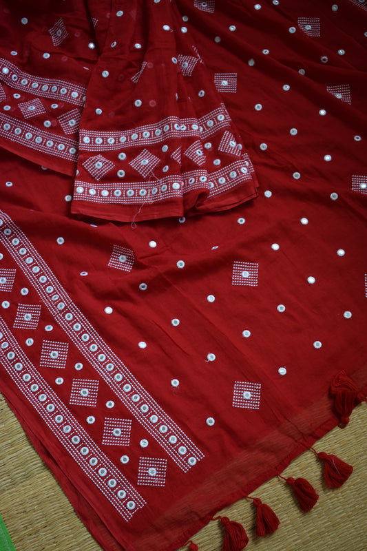 Red Embroidery with Mirror Work Mul Cotton Saree with tassels