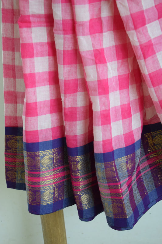 Pink & White Checks Mul Cotton Saree with border