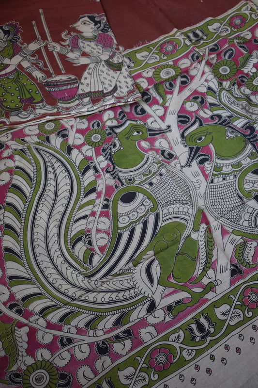 Maroon Kalamkari Printed Mul Cotton Saree