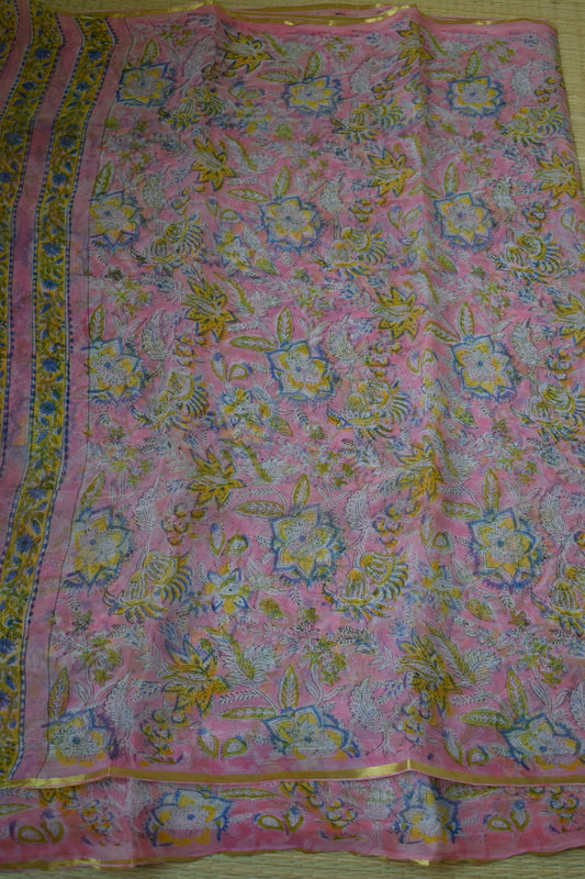Pastel Pink Bagru Printed Chiffon Saree