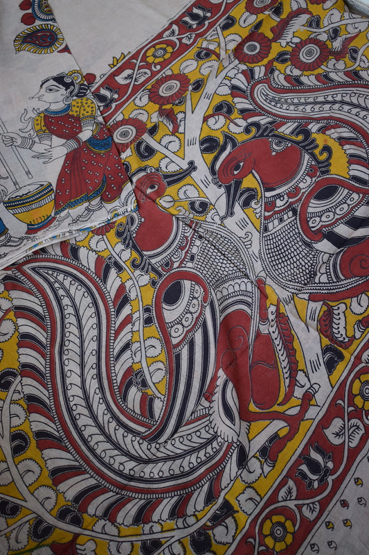 Off White Kalamkari Printed Mul Cotton Saree