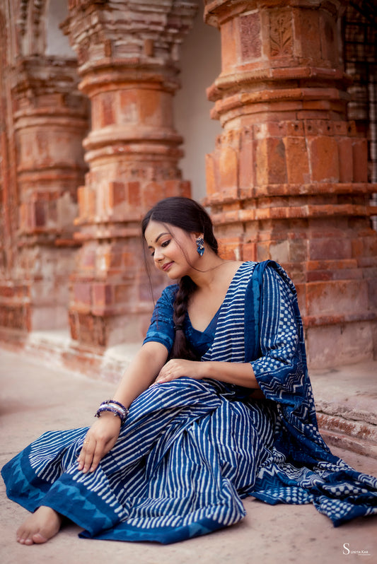 Indigo Printed Mul Cotton Saree