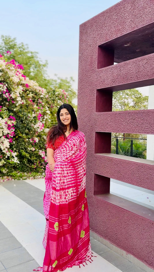 Pink Printed Linen Cotton Saree