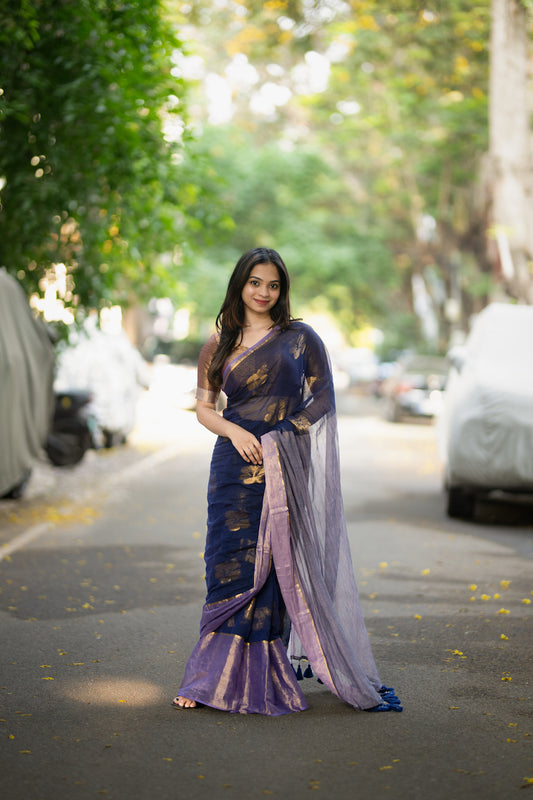 Navy Blue Hibiscus weaving Mul Cotton Saree with tassels