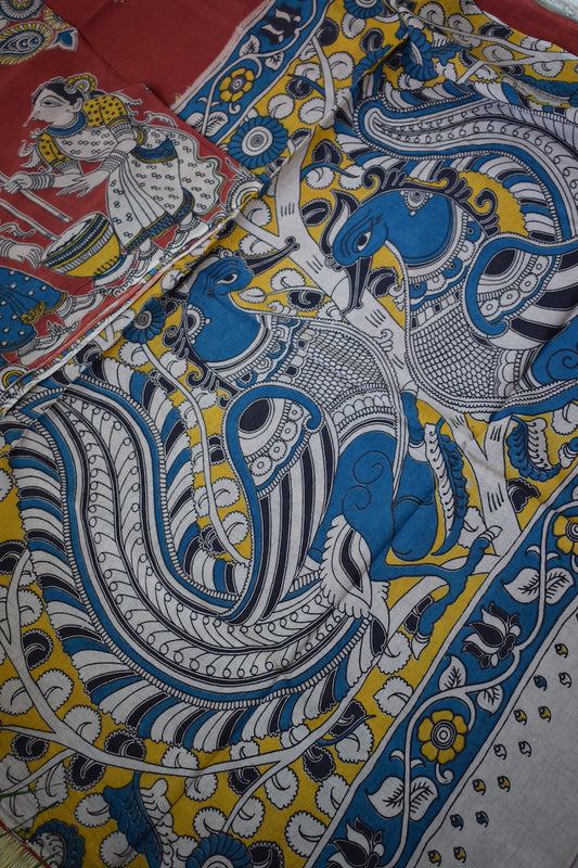 Red Kalamkari Printed Mul Cotton Saree