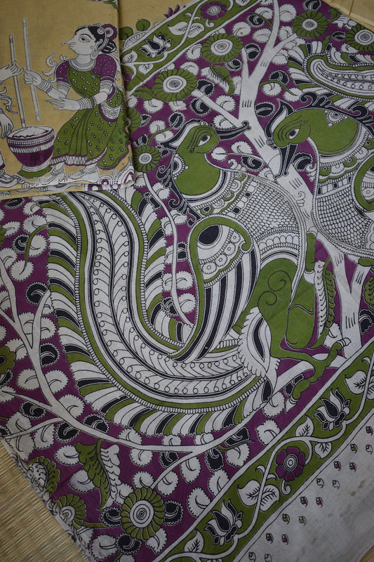 Yellow Kalamkari Printed Mul Cotton Saree