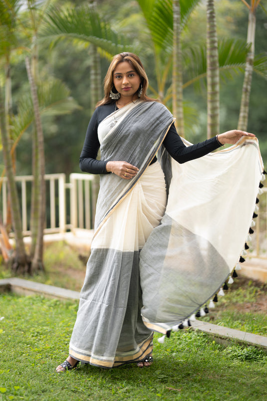 Off White Mul Cotton Saree with tassels