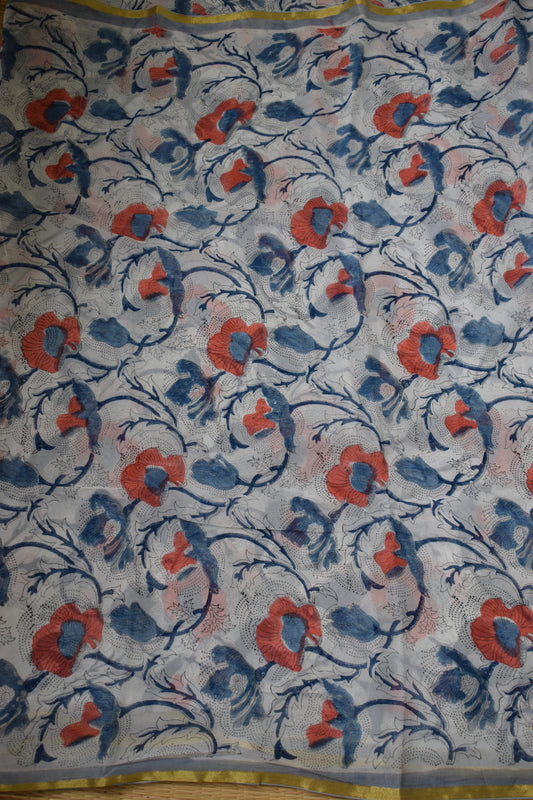 White Bagru Printed Chiffon Saree