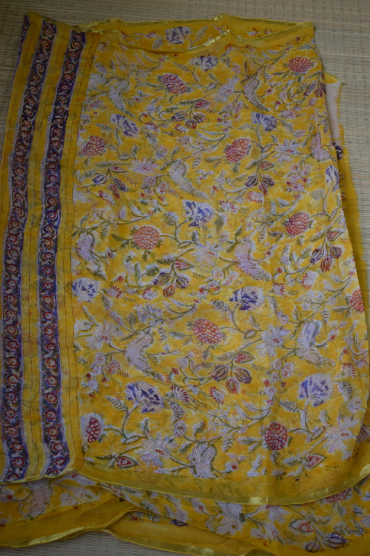 Yellow Bagru Printed Chiffon Saree