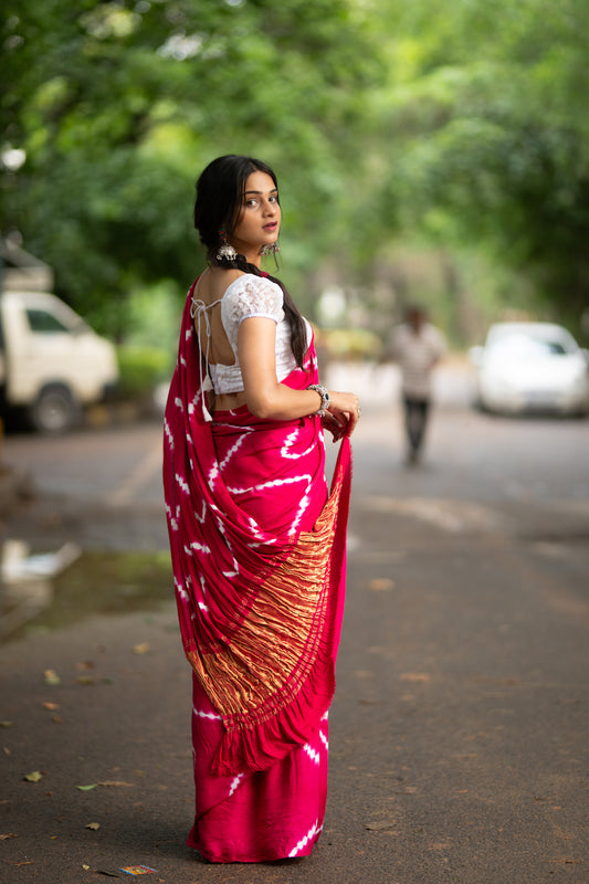 Bright Pink Lehariya Modal Silk Shibori Saree