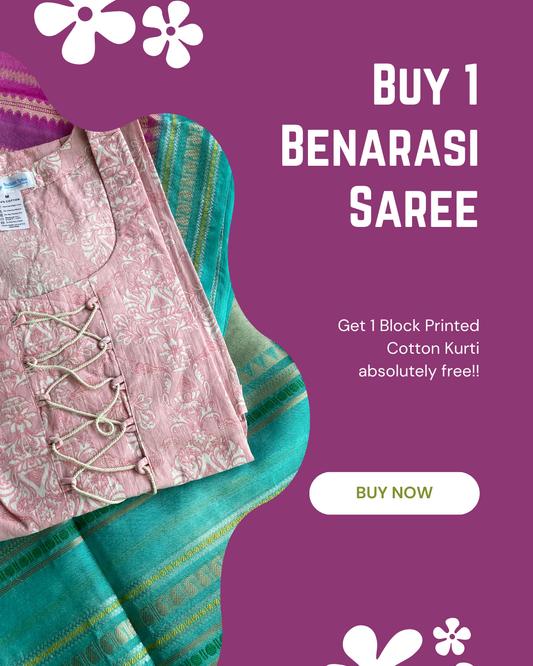 Gulabo - Buy Benarasi Katan Warm Silk Saree & Get Bagru Cotton Kurta Free