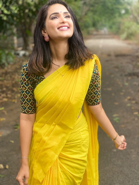 Yellow Plain Cotton Saree