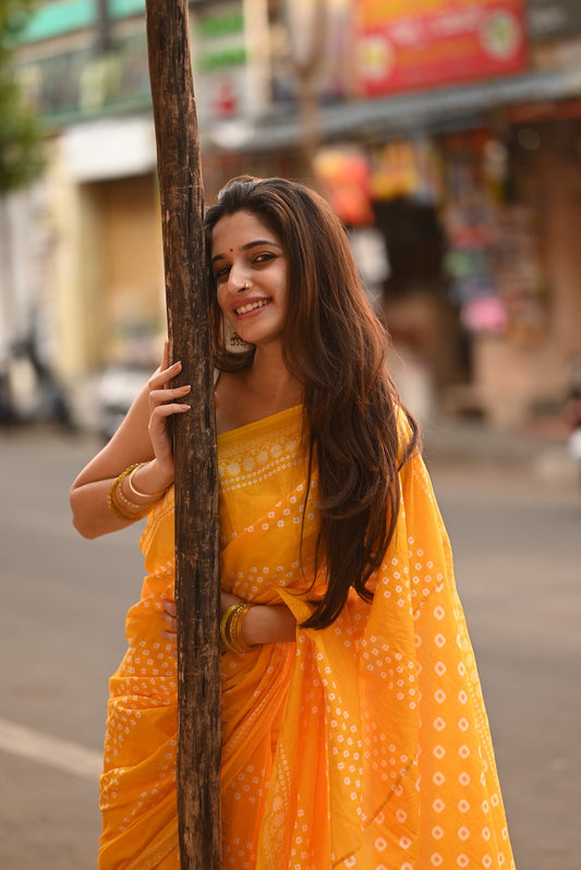 Yellow Printed Mul Cotton Saree