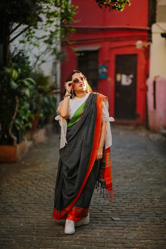 Black Pattada Anchu Cotton Saree with Orange & Green border