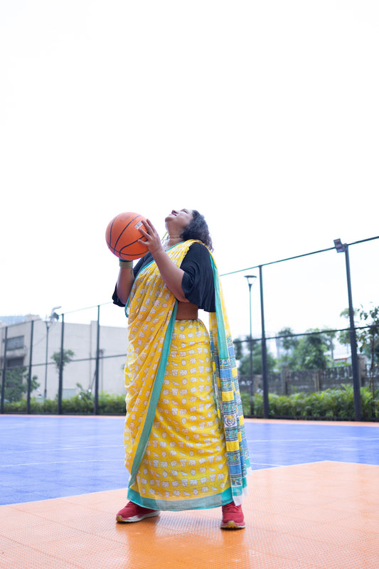 Yellow Printed Mul Cotton Saree