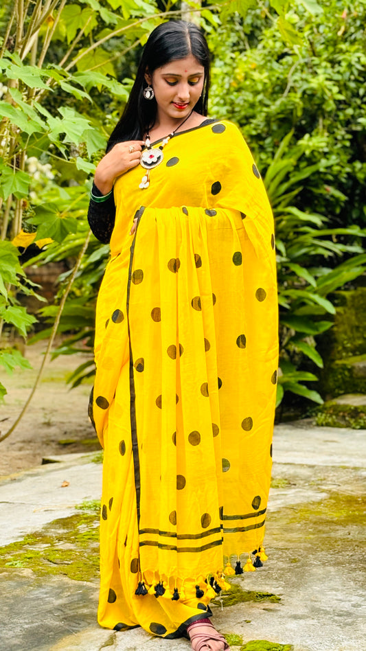 Yellow Polka Dots Mul Cotton Saree with tassels