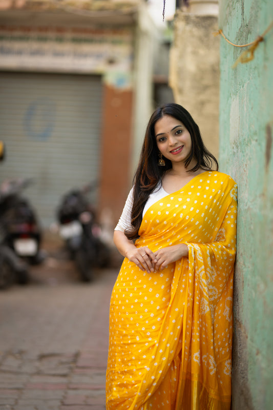 Yellow Modal Silk Bandhani Saree