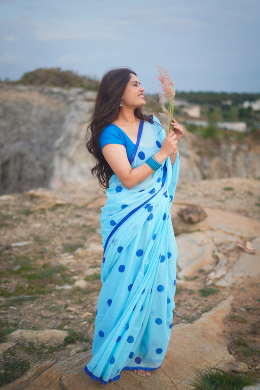 Sky Blue Polka Dots Mul Cotton Saree with tassels