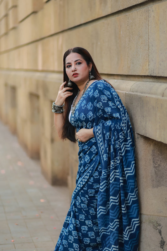 Indigo Printed Mul Cotton Saree