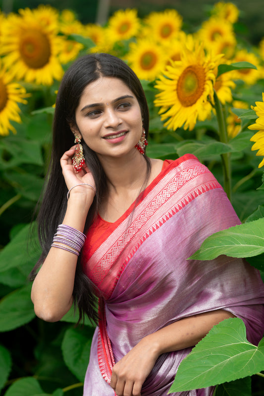 Pink Tissue Cotton Saree With Border