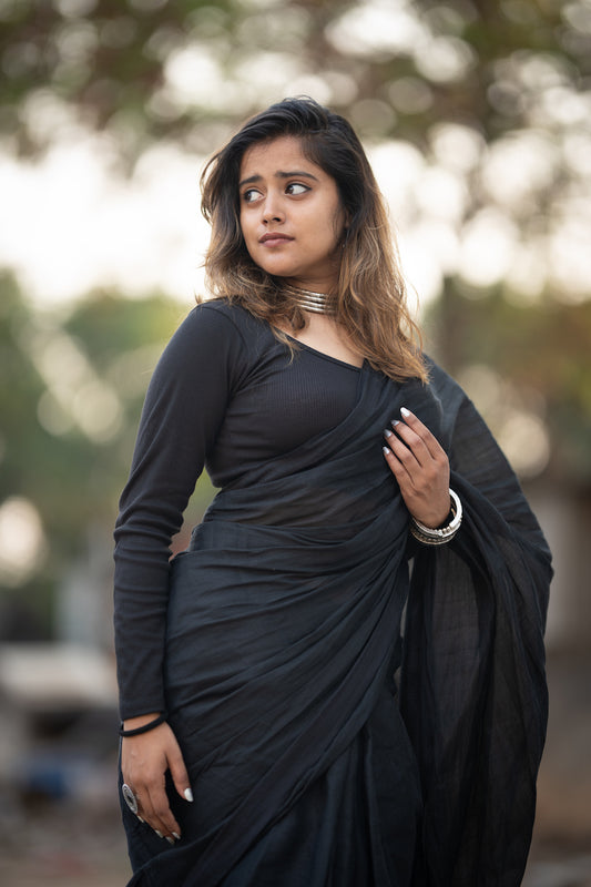 Black Ilkal Viscose Saree with Chikki Paras Border