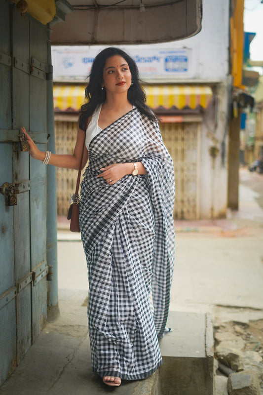 Black and White Checks Mul Cotton Saree