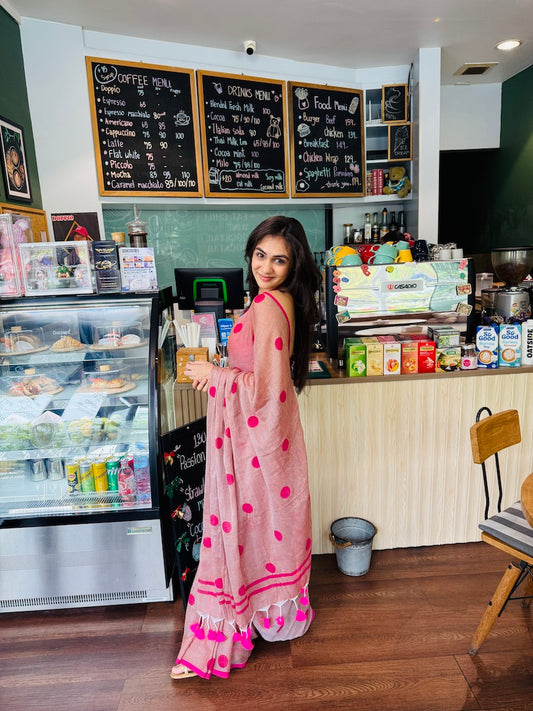 Cinnamon Polka Dots Mul Cotton Saree with tassels
