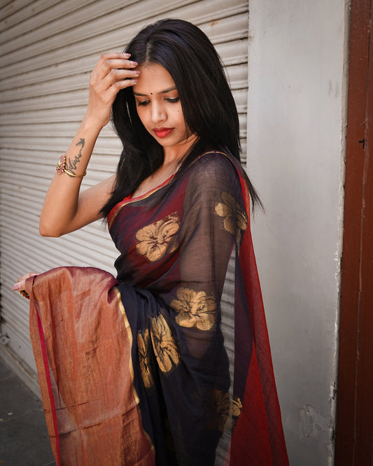Black Hibiscus weaving Mul Cotton Saree with tassels