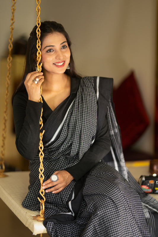 Black Pattada Anchu Cotton Saree with Black border