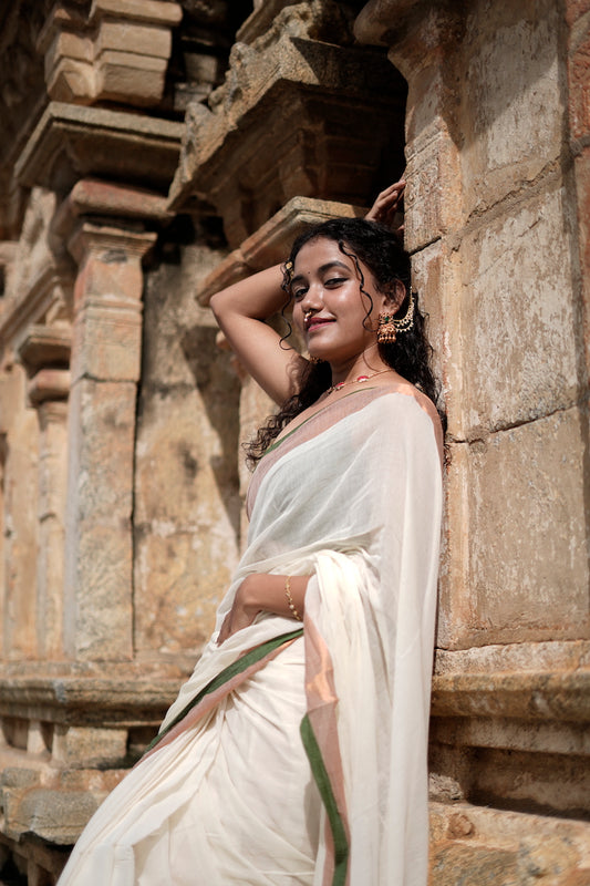 Off White Mul Cotton Saree with tassels