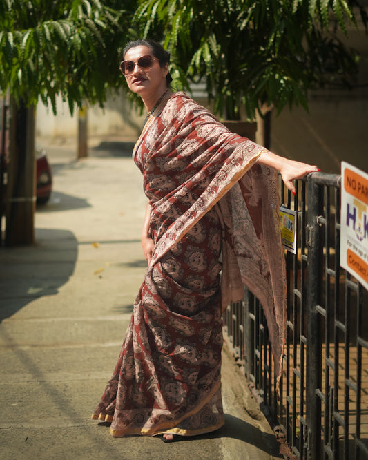 Coffee Brown Cotton Kota Doriya Kalamkari Saree