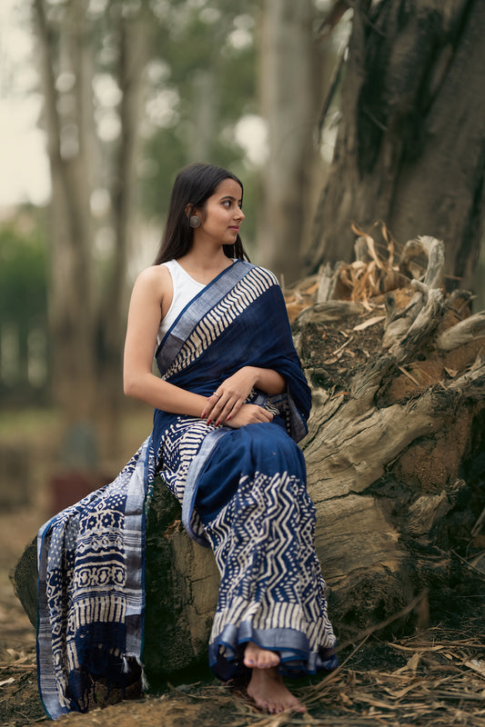 Indigo Printed Linen Cotton Saree