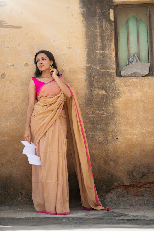 Tan Mul Cotton Saree with tassels