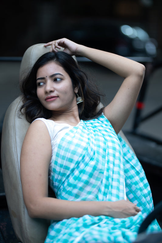 Turquoise and White Checks Mul Cotton Saree
