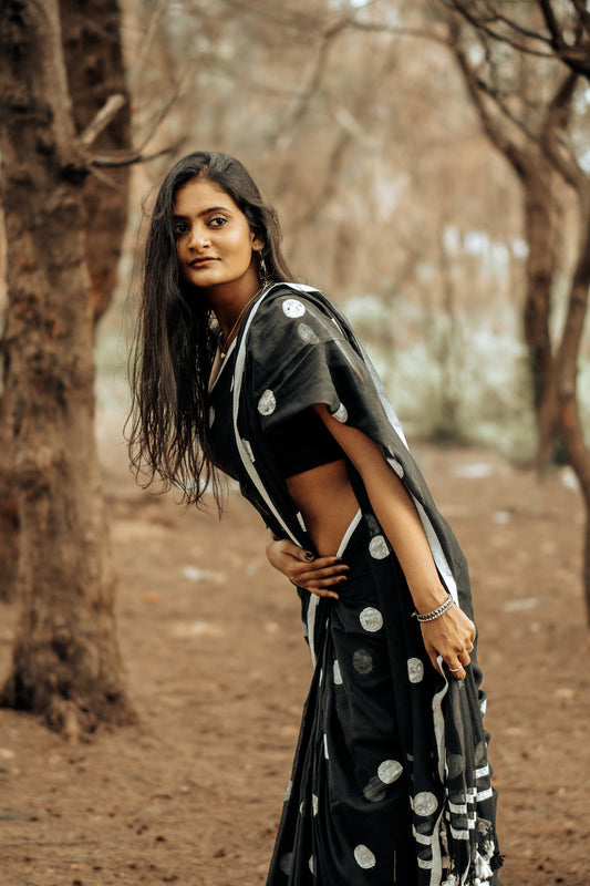 Black Polka Dots Mul Cotton Saree with tassels