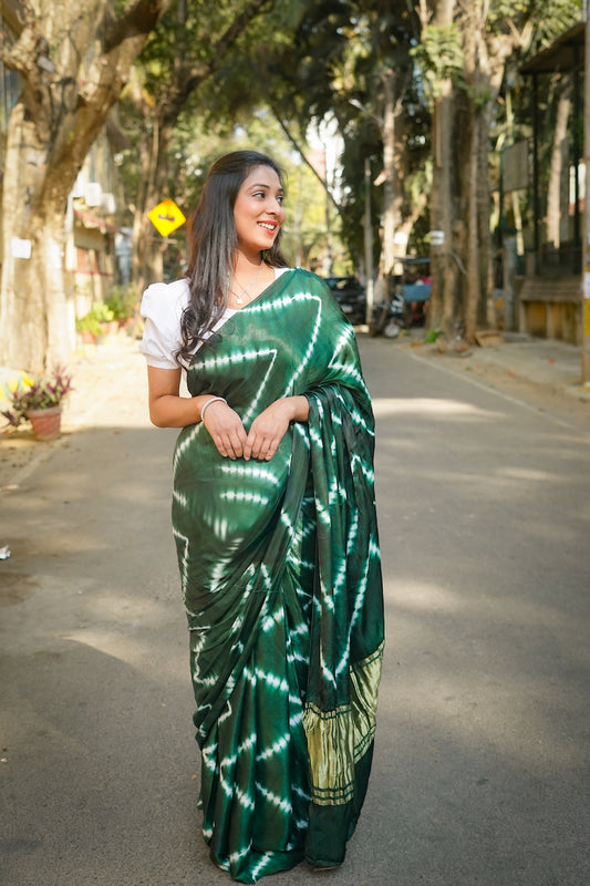 Bottle Green Lehariya Modal Silk Shibori Saree