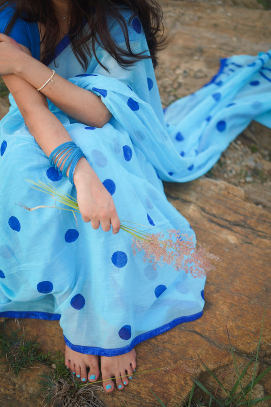 Sky Blue Polka Dots Mul Cotton Saree with tassels