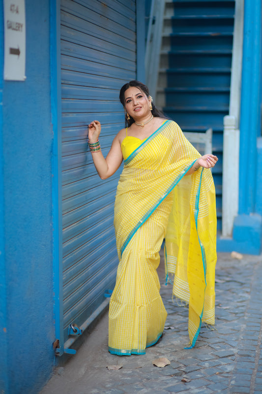Yellow Checks Maheshwari Silk Cotton Saree