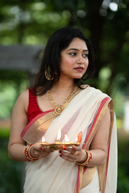 Off White Mul Cotton Saree with tassels