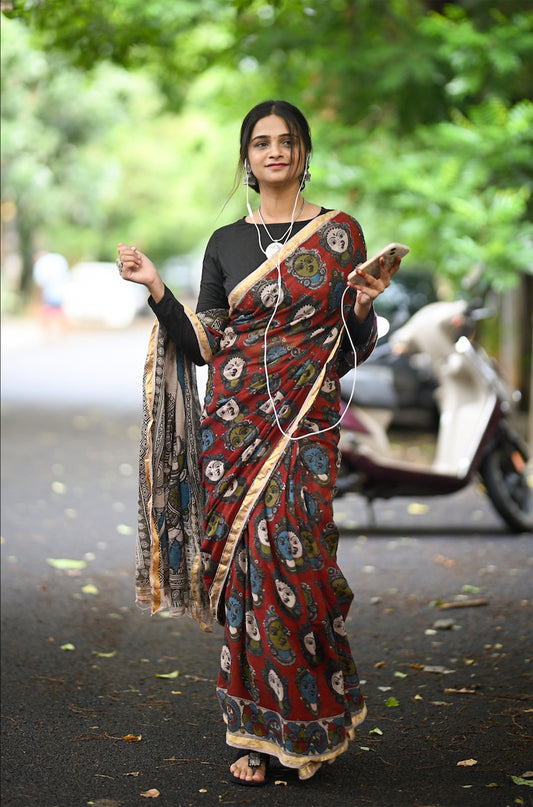 Red Cotton Kota Doriya Kalamkari Saree