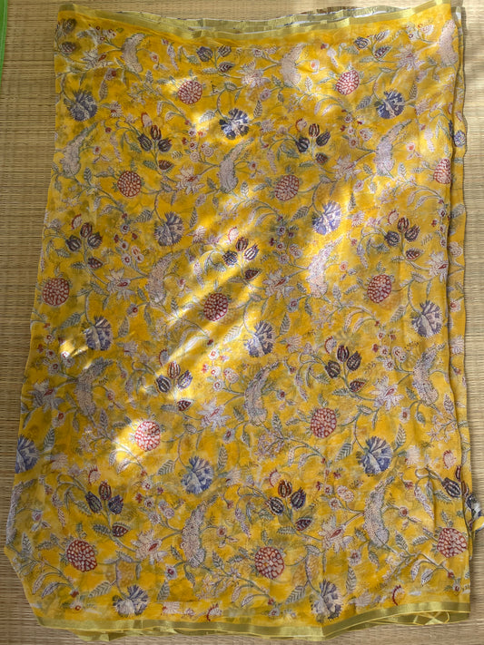Yellow Bagru Printed Chiffon Saree