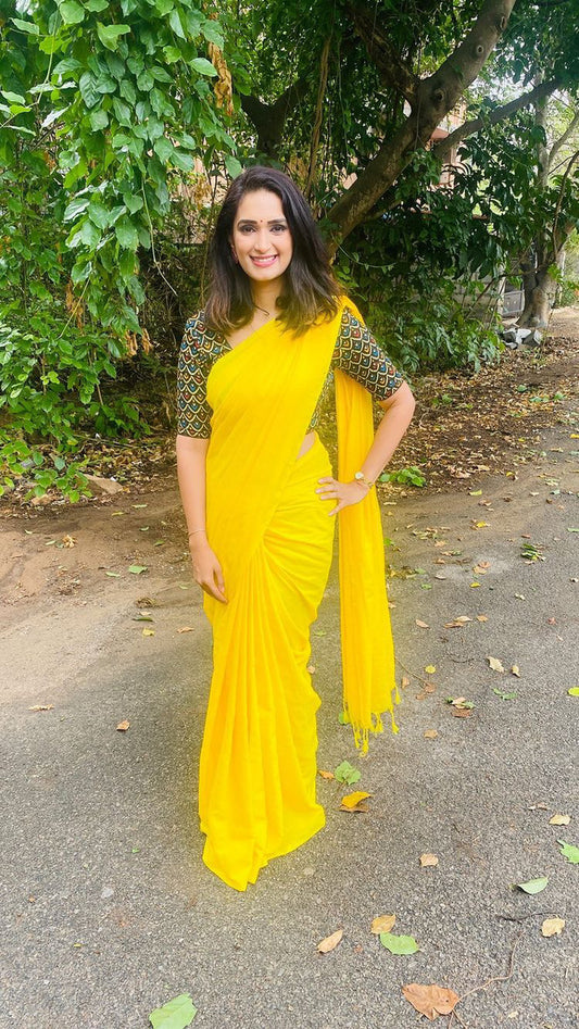 Yellow Plain Cotton Saree