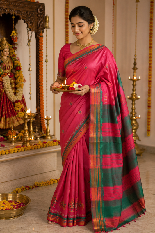 Bubblegum Pink Cotton Silk Kasuti Saree
